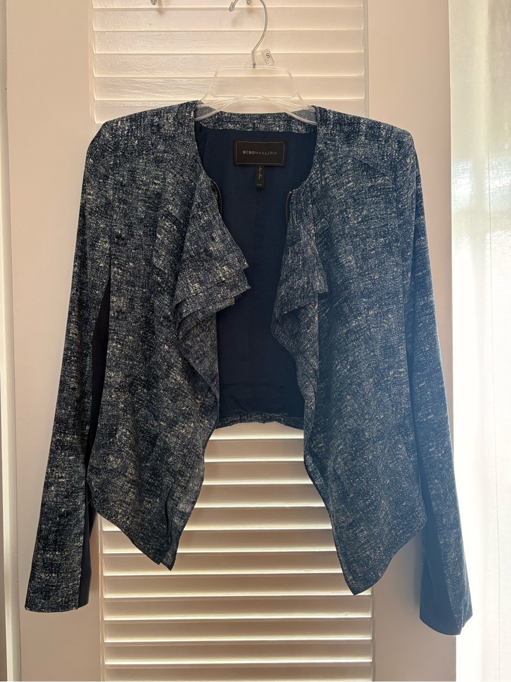 BCBGMaxAzria Navy and Heathered Blue Open-Front Ruffle Cardigan